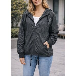 Zyia Active Womens Black Cheetah Print Hooded Windbreaker Jacket Size M Full Zip